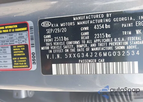 2021 Kia K5 Ex from USA, damaged, VIN 5XXG34J26MG032534